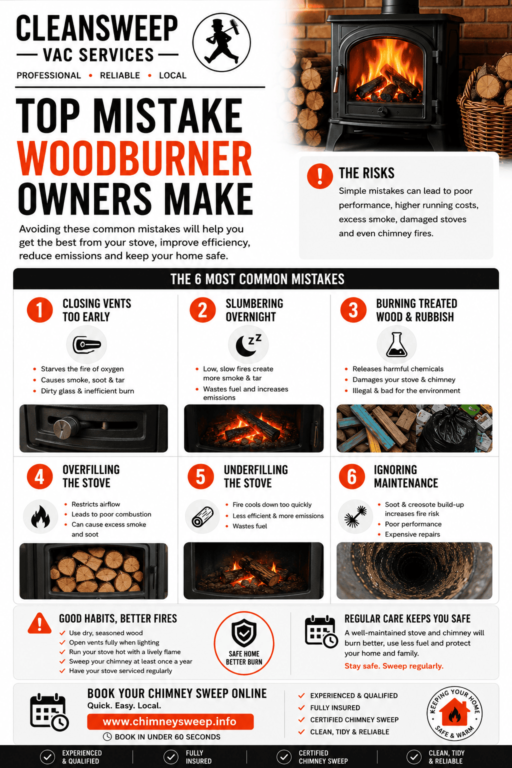 Use dry, seasoned wood Open vents fully when lighting Burn hot with a lively flame Sweep the chimney at least once a year Service the stove regularly
